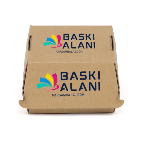 Özel Baskılı Kraft Tekli Hamburger Kutusu - 12 cm x 12 cm x 8 cm | Hamburger Kutusu
