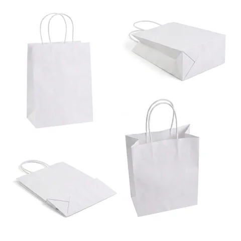 Burgu Saplı Beyaz Kraft Çanta - 18 cm x 24 cm x 8 cm